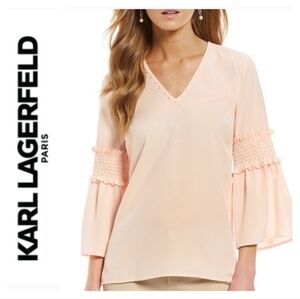 🪷 Karl Lagerfeld Paris Blush Pearl Neck Blouse Size S.